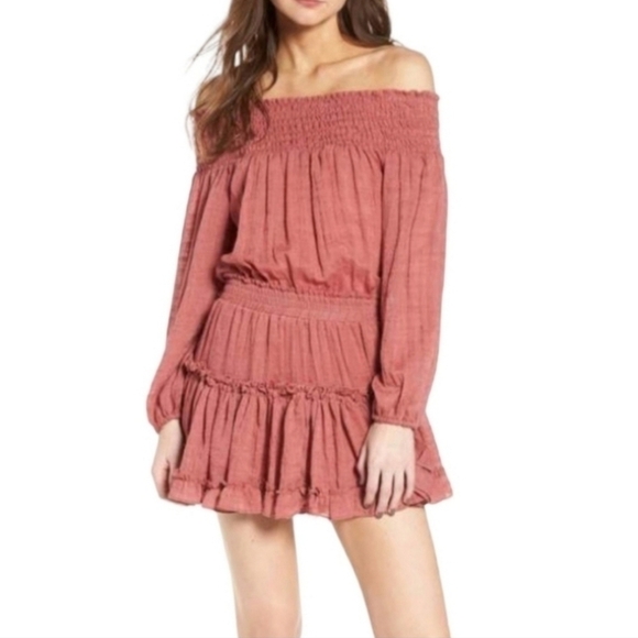 MISA Los Angeles Brick Darla Off Shoulder Smocked Ruffle Dress Event Birthday - Picture 1 of 14